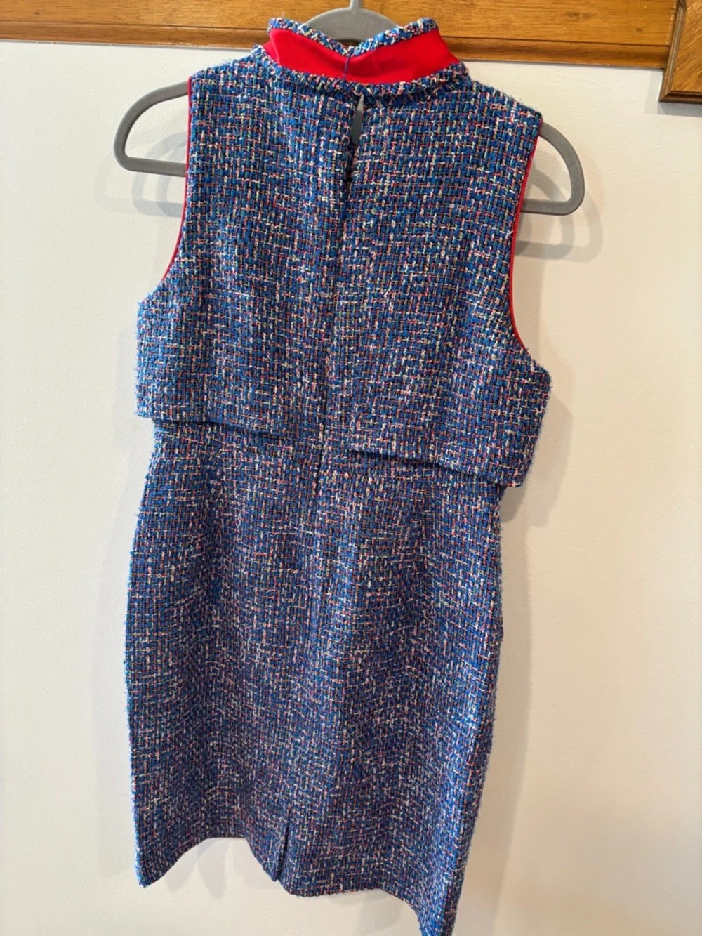 J Crew Blue Tweed Tie-neck Tank Dress in Autumn Tweed with Red Neck Tie Bow 10P